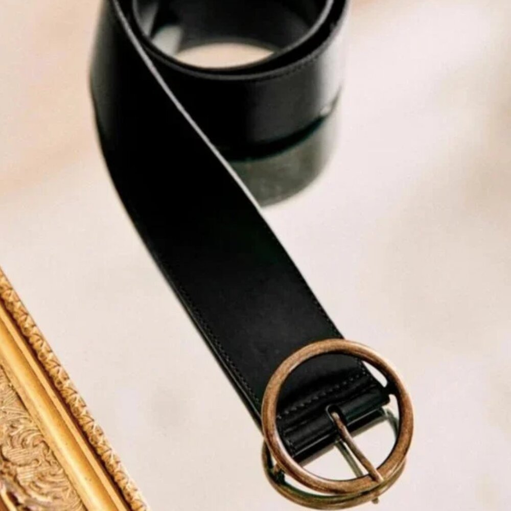 Sezane Black Leather Belt with Antique Gold Round Buckle